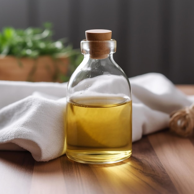 Photo une petite bouteille d'huile d'olive est posée sur une table à côté d'une serviette blanche.