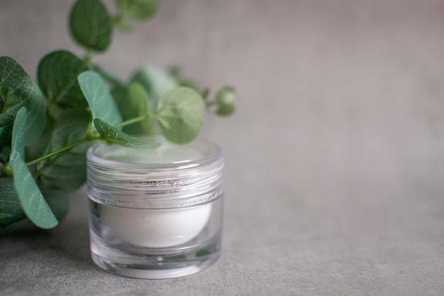 Petite bouteille transparente de crème pour le visage Produit cosmétique et de beauté Fond avec des plantes vertes