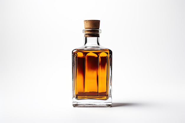 Photo petite bouteille de whisky plate pleine sur fond blanc