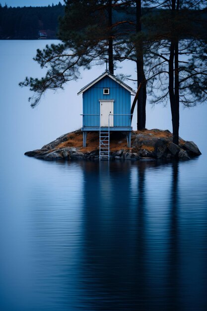 Petite cabane bleue sur un lac entourée d'arbres