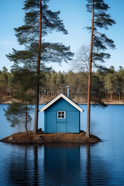 Petite cabane bleue sur le lac entourée d'arbres