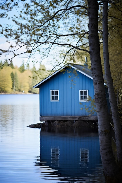 Petite cabane en bois bleu sur le lac entourée d'arbres