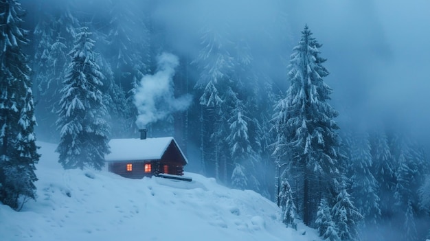 Une petite cabane nichée dans une forêt enneigée fumée s'élevant de sa cheminée comme un refuge chaud et confortable de