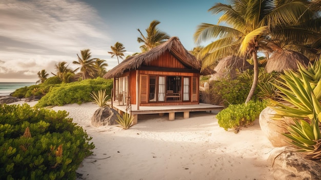 Une petite cabane sur une plage avec des palmiers en arrière-plan