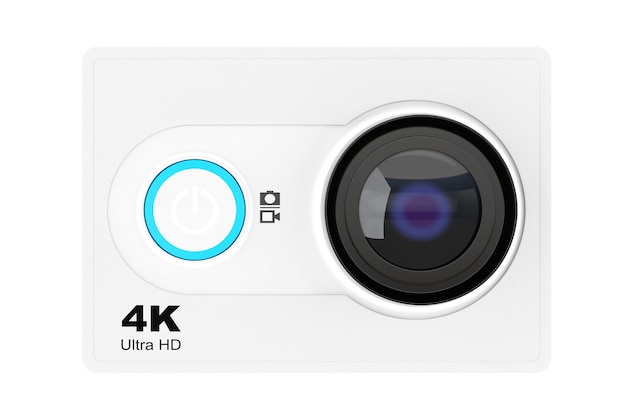 Petite caméra d'action Ultra HD sur fond blanc. Rendu 3D