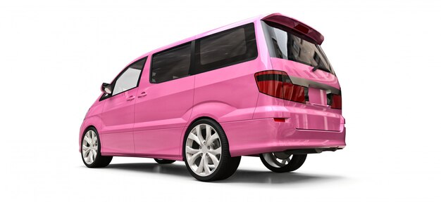 Petite camionnette rose pour le transport de personnes. Illustration en trois dimensions sur une surface blanche brillante