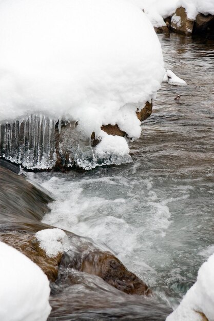 une petite cascade active propre ruisseau de montagne paysage d'hiver enneigé faune fond