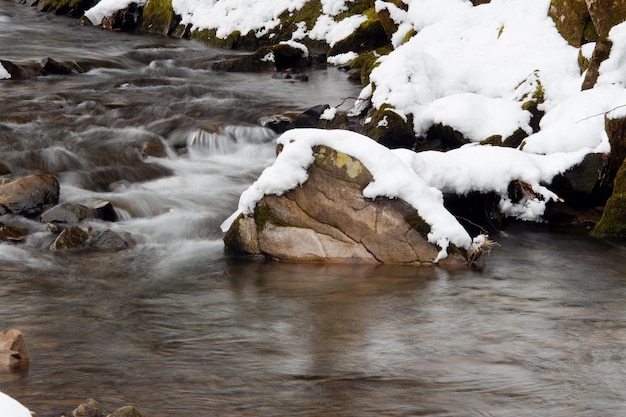 une petite cascade active propre ruisseau de montagne paysage d'hiver enneigé faune fond