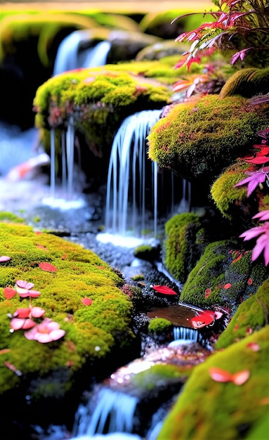 Une petite cascade dans un jardin avec un rocher moussu et une petite cascade.