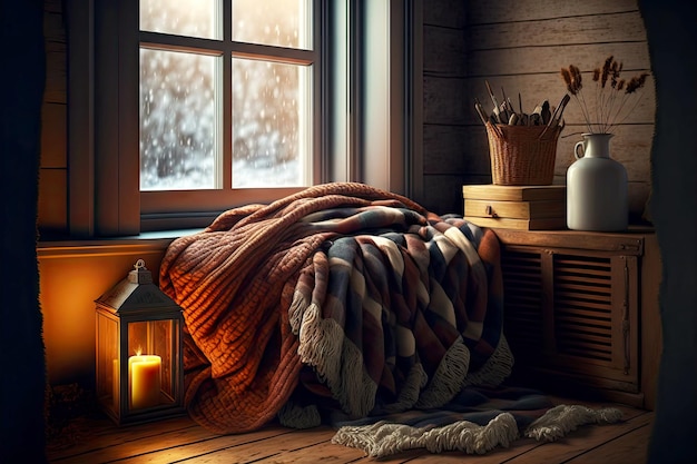 Petite chambre confortable avec fenêtres et parquet chaleureux en hiver rebord de fenêtre confortable avec couverture