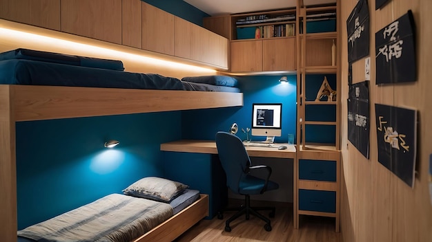 Petite chambre à coucher d'espace serré avec espace de lecture conception intérieure pour les étudiants salle à manger de l'auberge