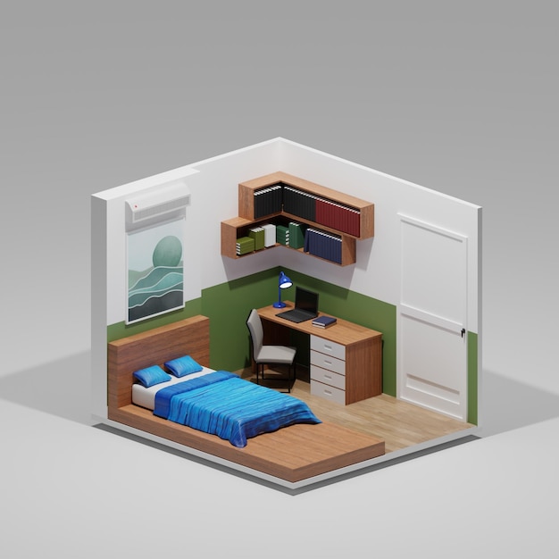 Une petite chambre avec un lit et un bureau