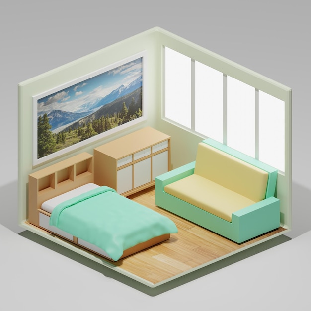 Une petite chambre avec un lit et une fenêtre avec une scène de montagne dessus.