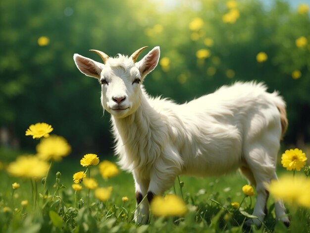 Petite chèvre blanche debout sur l'herbe verte avec des pissenlits jaunes par une journée ensoleillée