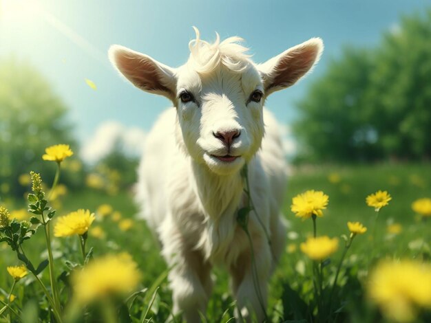 Petite chèvre blanche debout sur l'herbe verte avec des pissenlits jaunes par une journée ensoleillée