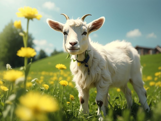 Petite chèvre blanche debout sur l'herbe verte avec des pissenlits jaunes par une journée ensoleillée