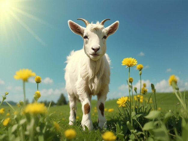 Petite chèvre blanche debout sur l'herbe verte avec des pissenlits jaunes par une journée ensoleillée