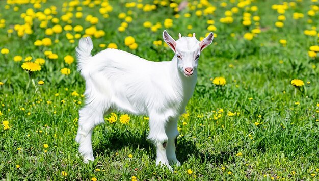 Une petite chèvre blanche debout sur l'herbe verte avec des pissenlits jaunes par une journée ensoleillée