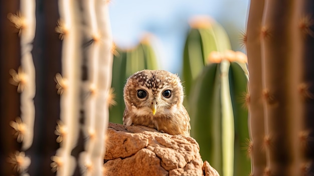 Une petite chouette elfe perchée dans le creux d'un cactus saguaro