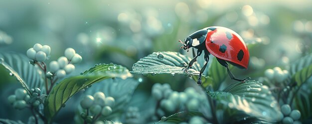 Une petite coccinelle explore un jardin papier peint rouge vif