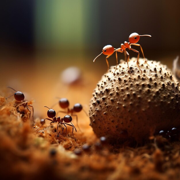 Photo une petite colonie de fourmis travaille ensemble pour obtenir de la nourriture générée par l'ia