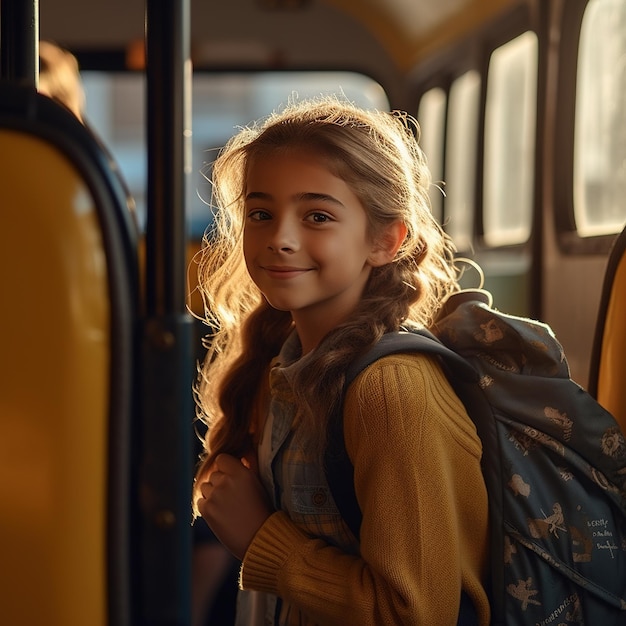 Photo une petite écolière et un bus ia générative