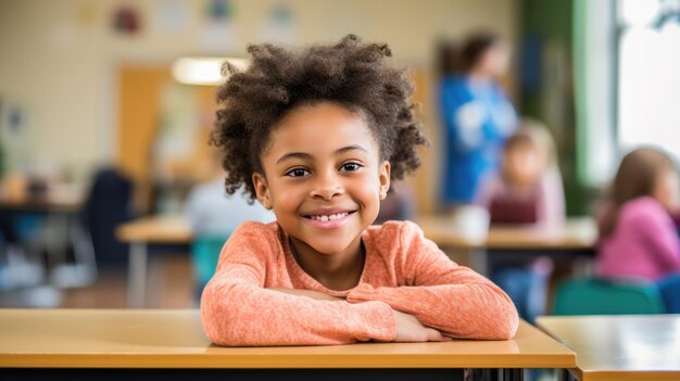 Une petite écolière est assise à son bureau lors de son premier jour d'école et sourit Créé avec la technologie Generative AI