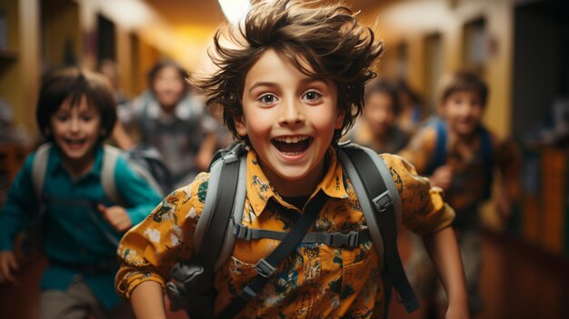 une petite écolière heureuse avec un sac à dos et des fournitures scolaires