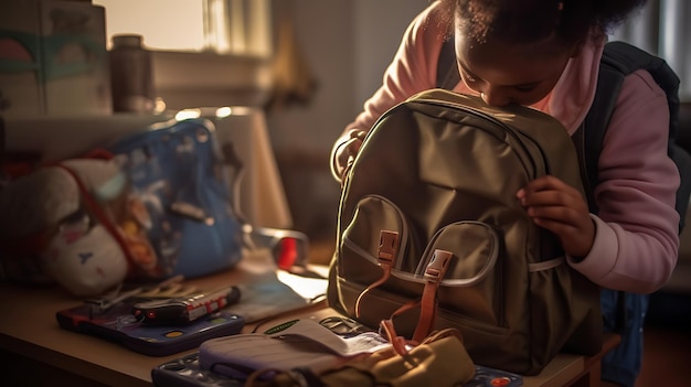 La petite écolière prépare son sac à dos pour l'école