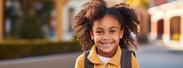 Une petite écolière se tient à l'extérieur de l'école avec un sac à dos sur le dos Retour à l'école Créé avec la technologie Generative AI