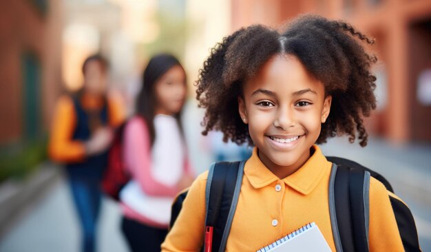 Une petite écolière se tient à l'extérieur de l'école avec un sac à dos sur le dos Retour à l'école Créé avec la technologie Generative AI