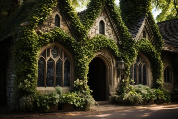 Photo petite église de village avec une charmante façade couverte de lierre ia générative