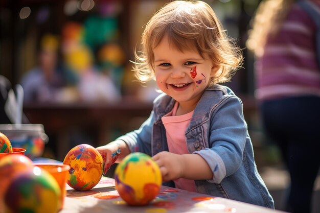 Une petite enfant en bas âge peint avec précision des œufs de Pâques avec son visage peint aussi