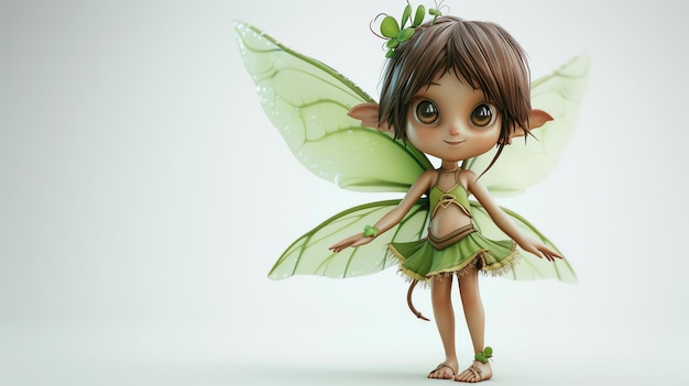 Petite fée aux cheveux bruns et aux ailes vertes Elle porte une robe verte et a une fleur dans les cheveux