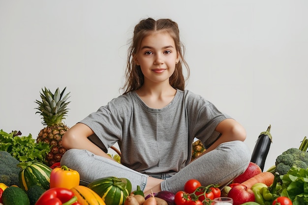 Une petite femme enfant sur un fond blanc entouré de fruits et légumes Generative Ai