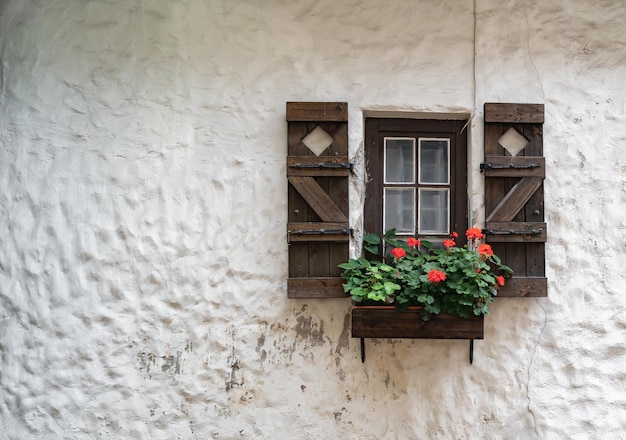 Une petite fenêtre en bois avec des volets et un pot de fleur avec des fleurs rouges