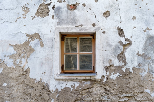 Petite fenêtre dans très vieux bâtiment médiéval et délabré.