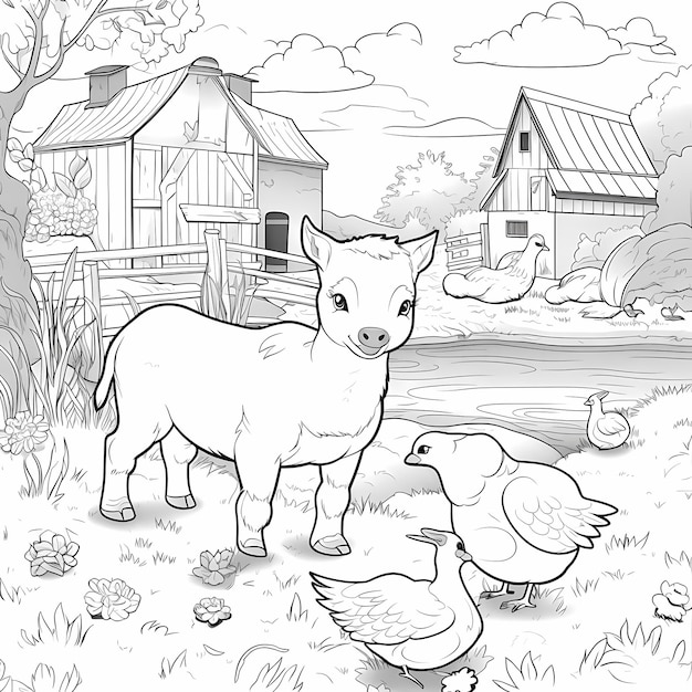 Photo petite ferme explorateurs livre de coloriage pour enfants avec dessin animé bébé âne vache mouton canard