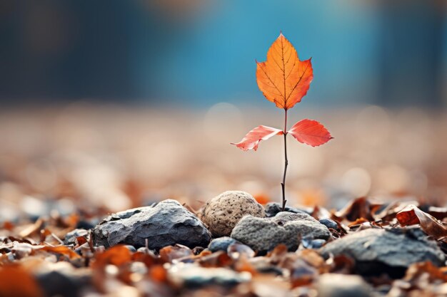 une petite feuille rouge pousse hors du sol au milieu d'un tas de feuilles