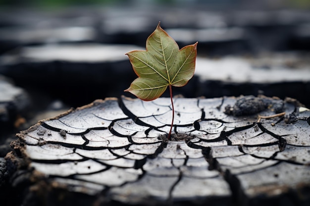 une petite feuille verte pousse sur une souche d'arbre mort