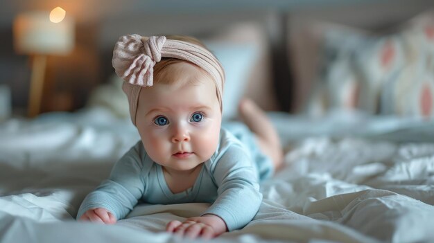 Une petite fille adorable allongée sur le lit.