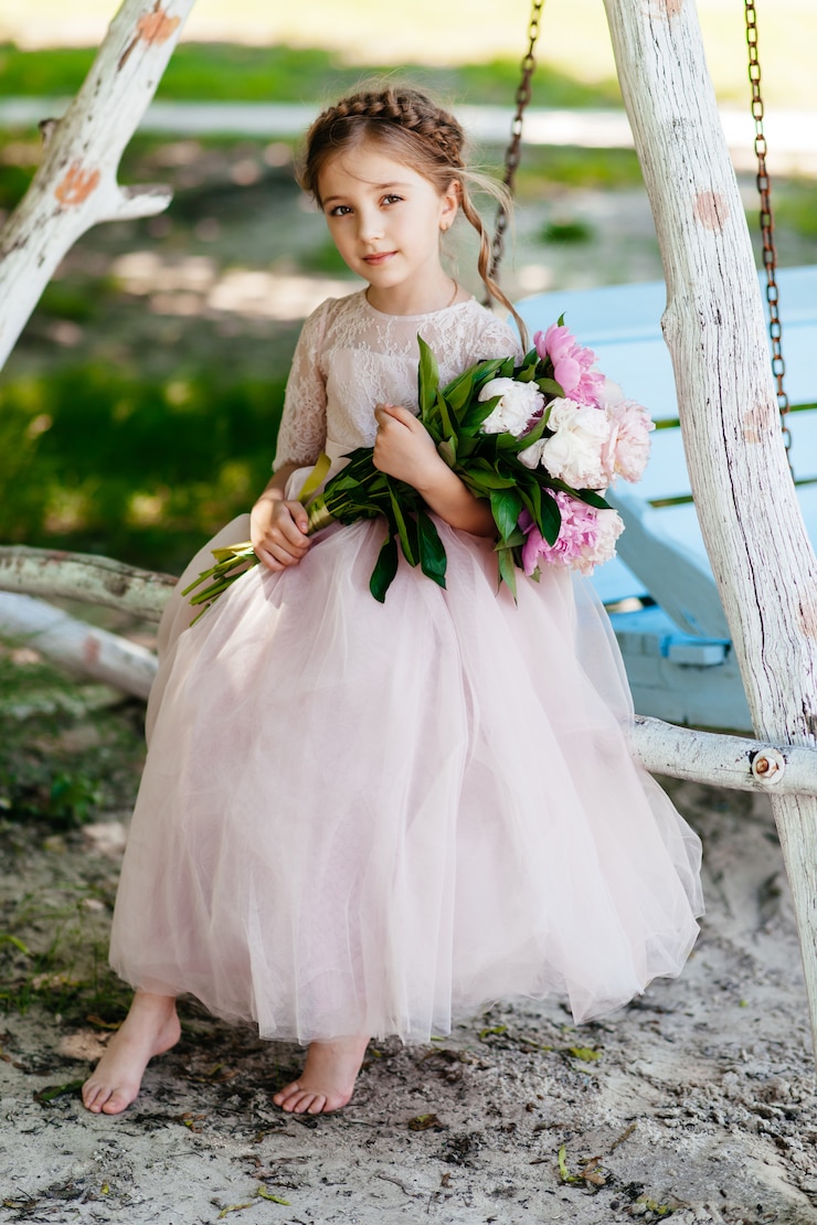 Photo petite fille adorable avec des fleurs en robe rose au beau jardin