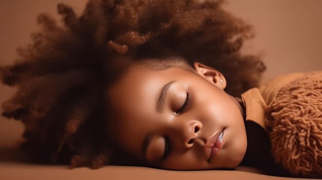 La petite fille africaine mignonne allongée sur le sol dormant les yeux fermés sur un fond brun clair