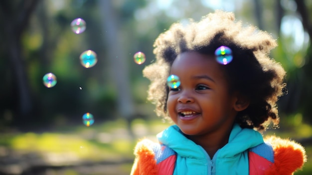 Une petite fille africaine parmi les bulles de savon volant dans la nature