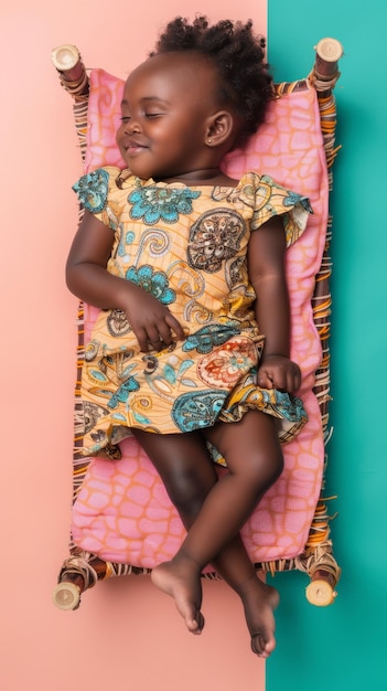 Une petite fille africaine qui dort en souriant sur le petit matelas.