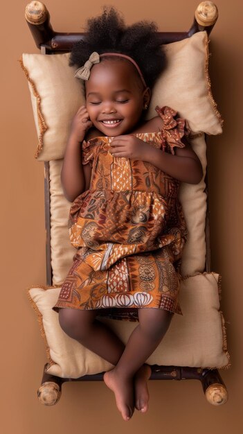 Une petite fille africaine qui dort en souriant sur le petit matelas.