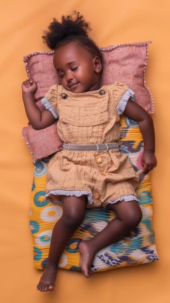 Une petite fille africaine qui dort en souriant sur le petit matelas.