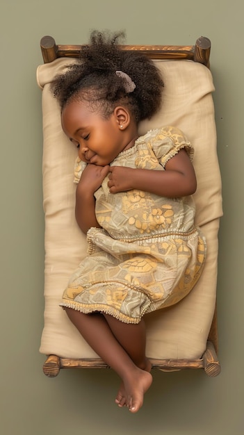 Une petite fille africaine qui dort en souriant sur le petit matelas.