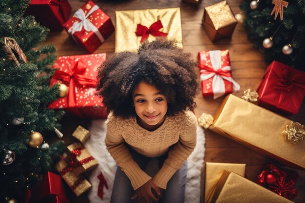 Une petite fille afro-américaine heureuse souriante avec des boîtes de cadeaux de Noël sur le sol.