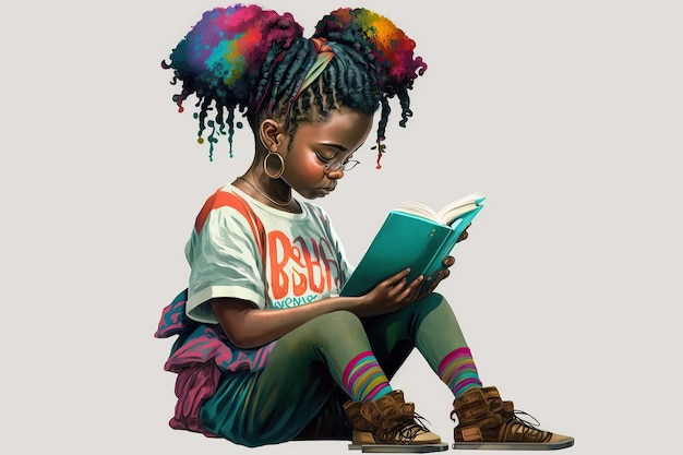 Photo petite fille afro-américaine souriante avec un livre ouvert, illustration numérique, autocollants, isolé